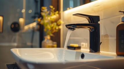 An inspired bathroom setting with a close-up on a luxurious black sink faucet, highlighting its ideal, high-tech sensor operation - obrazy, fototapety, plakaty