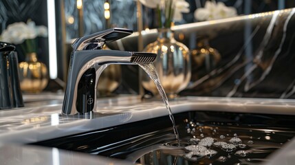 An inspired bathroom setting featuring a close-up on luxurious, black sink faucets with 3-hole design, merging function with high quality - obrazy, fototapety, plakaty