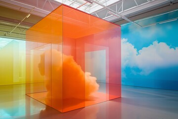 A vibrant art piece featuring a glass box in gradient orange hues with a billowing cloud inside, set against a wall with sky and cloud print.