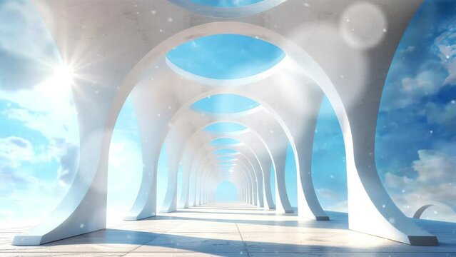 Abstract Architecture with arches on a blue sky background. 3d rendering loop video