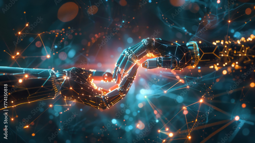 Aufkleber two sophisticated cybernetic hands connect in a symbolic gesture amidst a network of light points