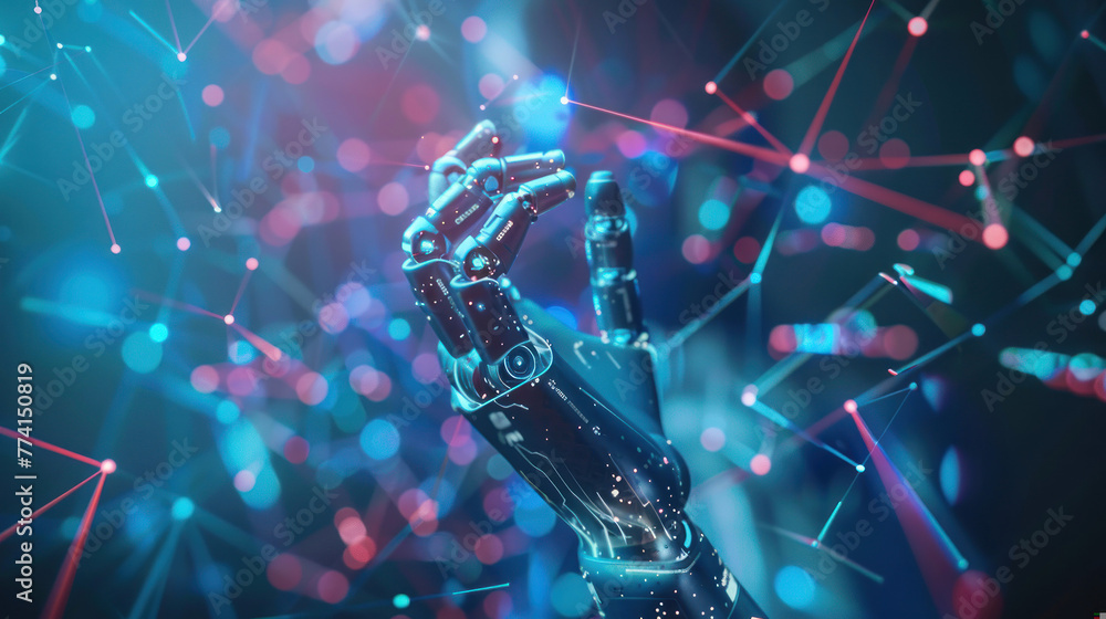 Poster blue tinted image of a robotic hand illuminated by bright neon data points and connections