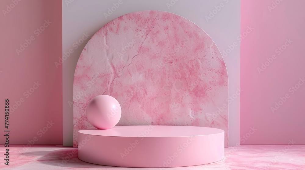 Poster this is a 3d rendering with an abstract minimal pink background, an empty room, and a cylinder podiu