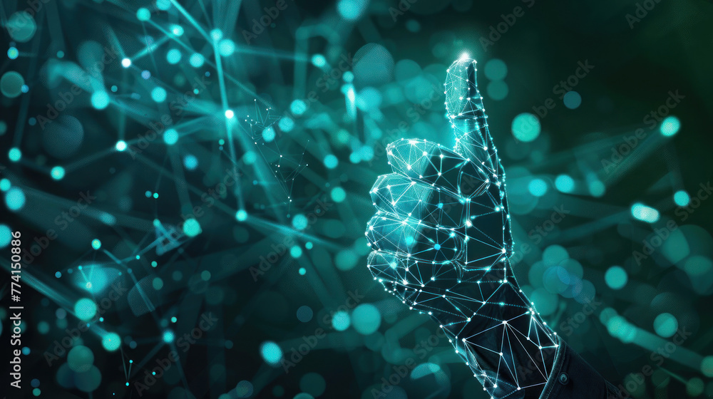 Poster a single neon digital hand pointing up surrounded by a network of glowing connections, suggesting a 