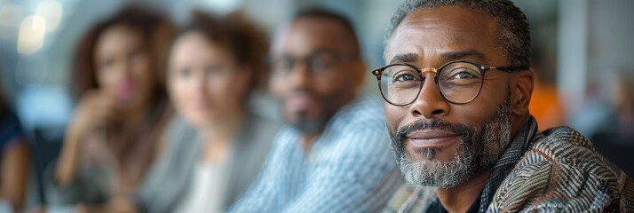 Sophisticated Gentleman in a Social Setting. Elegantly dressed African American man with glasses enjoying a social event, looking thoughtful and content. - obrazy, fototapety, plakaty