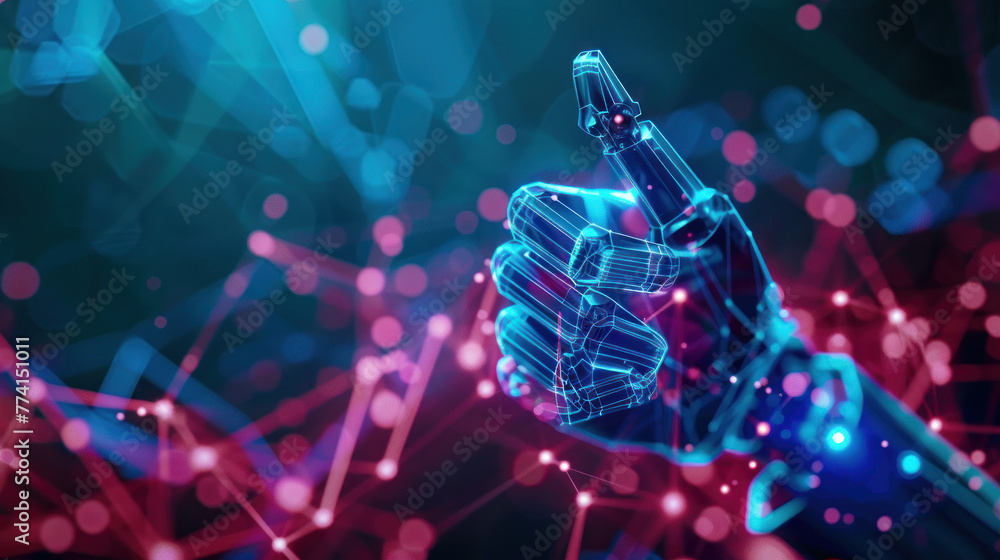 Poster a captivating visual of a digital hand pointing upward surrounded by dynamic neon lights and connect