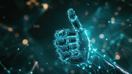 A computer-generated imagery of a cybernetic hand showing thumbs up against a networked background, indicating approval in a digital context