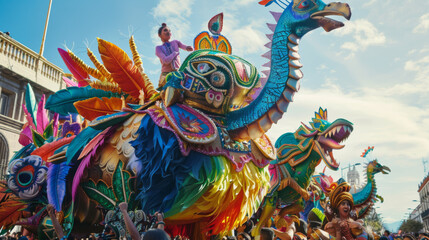 A photo of an elaborate carnival float , decorated with colorful patterns and motifs that represent Mexican art and culture, adorned with peacock feathers and a giant dragon head made from fabric.