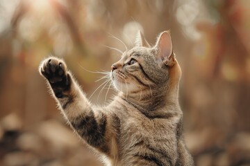 A tabby cat stretches its paw out with a curious expression against a softly blurred background.