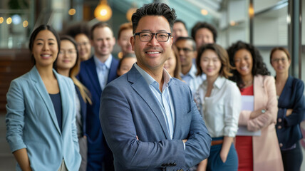 Diverse Business Team in Modern Office. Confident businessman with glasses leading a diverse team in a bright office setting. - obrazy, fototapety, plakaty