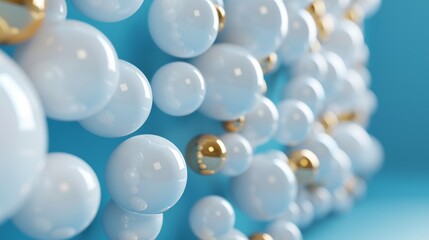 Render of a 3D wall of many balls isolated on a blue background. Gold element. One of a kind, exceptional concept. Matrix of geometric primitive shapes. Modern design. Clean look.