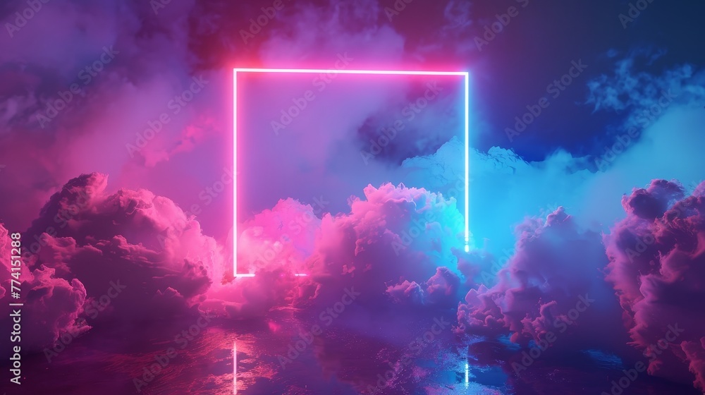 Poster a 3d render with an abstract minimal background, pink blue neon light squares with copy space, illum