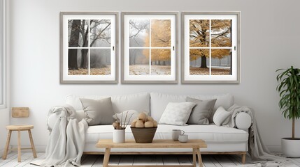Triptych of autumn scenes in white frames
