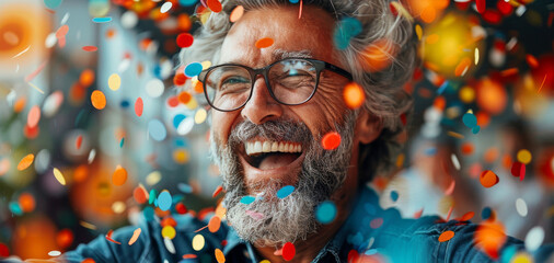 Euphoric Senior Man with Confetti Explosion. Elderly man with spectacles in a moment of sheer joy surrounded by falling confetti. - obrazy, fototapety, plakaty