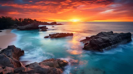 Photo sur Plexiglas Coucher de soleil sur la plage Amazing sunset over the ocean with beautiful rock formations in