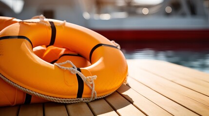 Life preservers on a wooden dock near the waters edge
