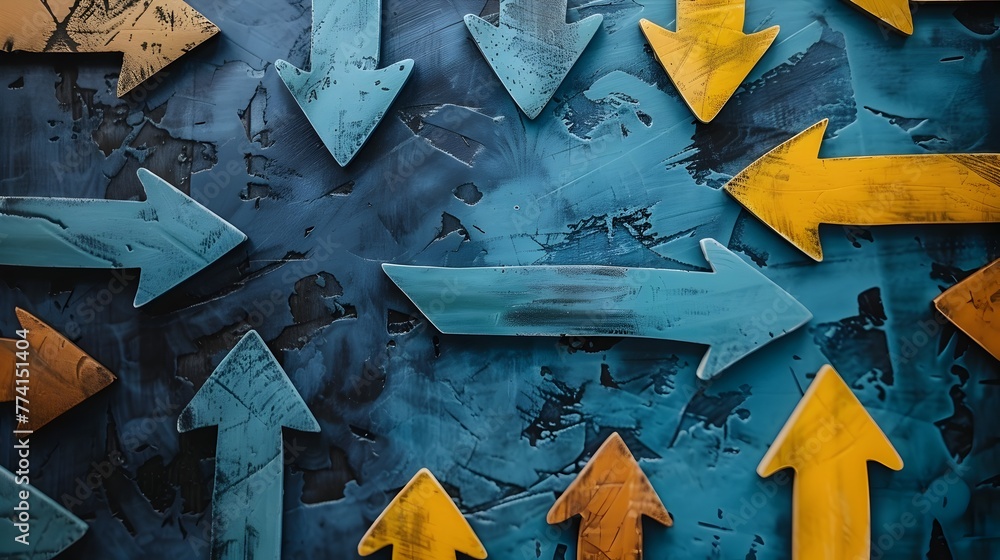 Poster converging arrows representing collective business goals and team unity