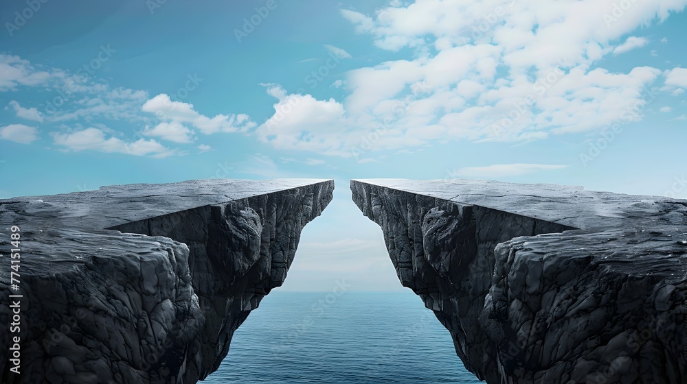 Poster innovative bridge connecting cliff gaps symbolizing business strategy and problem-solving success
