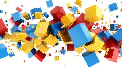 3D render, abstract colorful fragments, broken cube. Blue red yellow polygonal mosaic elements. Split geometric object, isolated on white. - obrazy, fototapety, plakaty