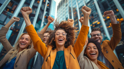 Joyful Friends Celebrating Success in the City. Group of cheerful young people raising their fists in victory and joy in an urban setting. - obrazy, fototapety, plakaty
