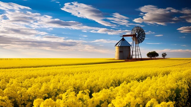 A beautiful landscape image of a windmill in a field of yellow f