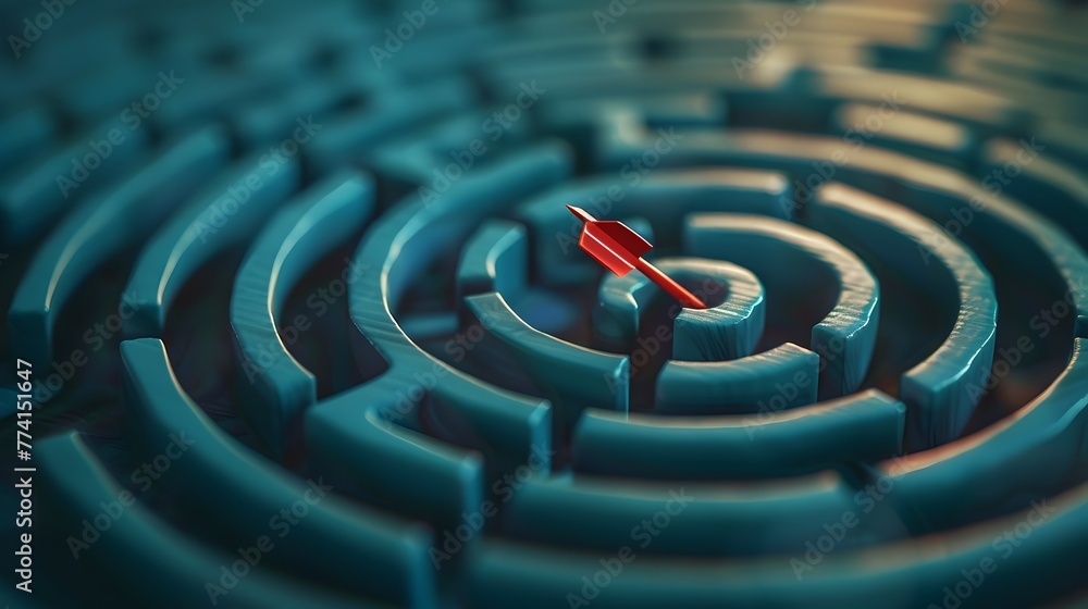 Poster arrow navigating through maze towards targeted goal,symbolizing strategic planning and overcoming ch