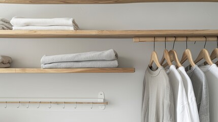 Minimalist hanging shelves in a laundry shop, close-up on sleek shelf rack designs that inspire functional elegance and simplicity - obrazy, fototapety, plakaty