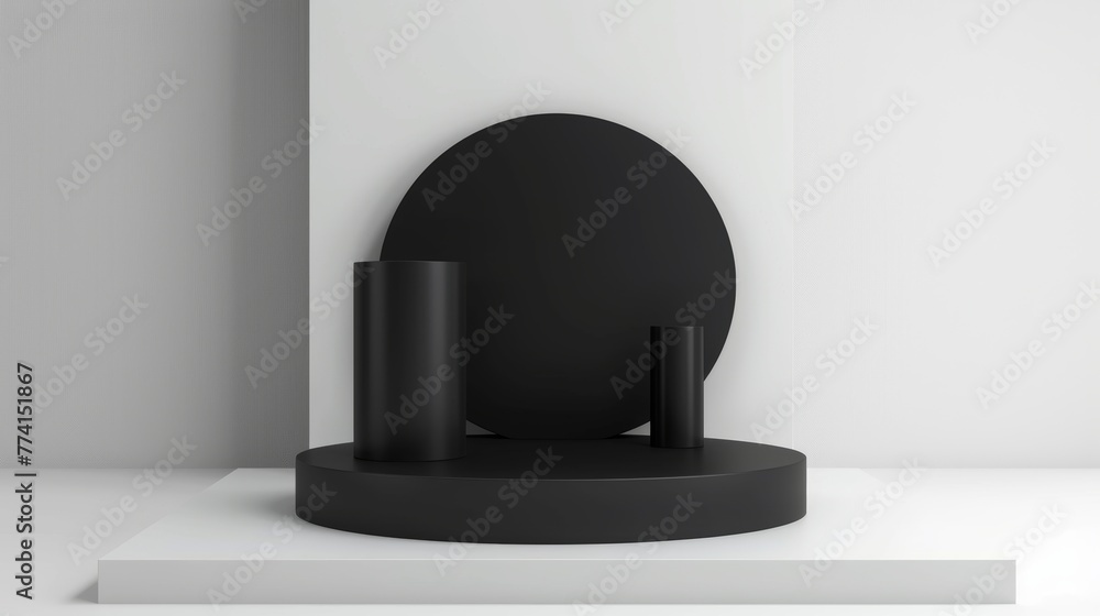 Aufkleber an abstract black block scene on a white background. an empty showcase that contains a round stage, 