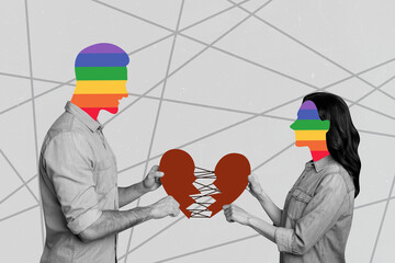 Composite sketch image collage of black white silhouette man lady couple divorce heart rainbown colored head lgbt lesbian gay free love