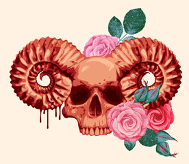human skull with ram horns and rose flowers - 774151813