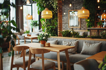 Fototapeta na wymiar Photo of a cozy cafe in a modern minimalist style, with indoor plants, with a simple and functional interior. The cafe is decorated in light colors using natural materials and clean lines.