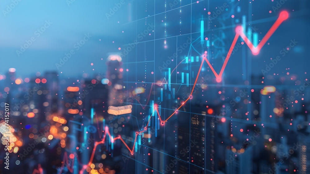 Poster ascending arrow over financial graph with futuristic city skyline in the background representing bus