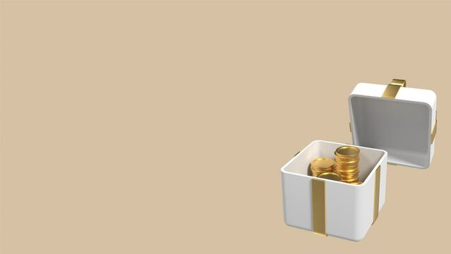 3D open gift box with golden coins and ribbon animation. Money prize reward animation. Earn point and get rewards
