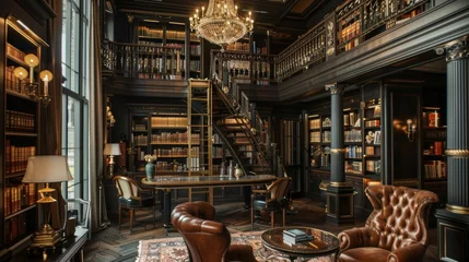 Deurstickers Luxurious library with close-up on ornate hanging shelves, filled with rare books. Inspired design meets timeless elegance © Paul