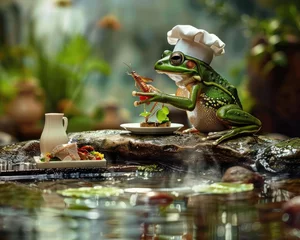 Fotobehang A frog chef presenting gourmet insect dishes in a high-end pond restaurant setting, © AI Farm