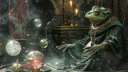 A fantasy scene of a frog wizard casting spells, surrounded by magical orbs and ancient runes, - obrazy, fototapety, plakaty