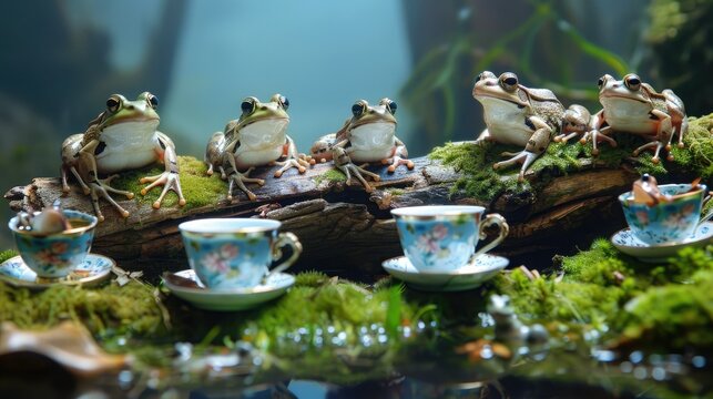 A playful image of frogs having a tea party, with tiny cups and plates on a moss-covered log,