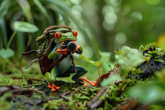 A frog photographer capturing the beauty of the rainforest, with a tiny camera and a photographer's vest,