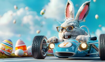 Easter bunny with sunglasses driving on the speedway in an easter egg car.