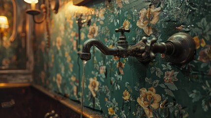 Intense focus on a problematic water leak from a tap, set against the unique wallpaper of a restaurant's interior, capturing urgency