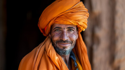 portrait of a happy man with striking eyes in orange turban, dramatic light - obrazy, fototapety, plakaty
