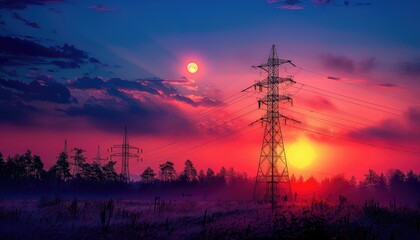 A power line tower is silhouetted against a beautiful sunset by AI generated image