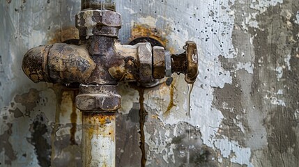 Intense detail of a leaking pipe against a damp wall, showcasing the challenge of water leaks in a domestic setting, problem-focused
