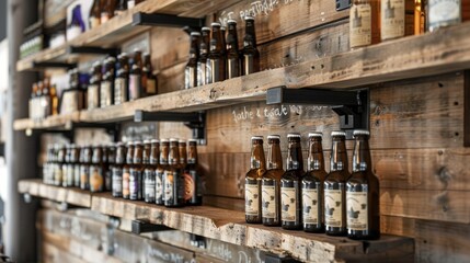 Inspired minimalist shelf ideas in a taproom setting, featuring close-up views of hanging shelves with artisanal beer displays