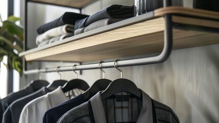 Innovative steel clothes rack featuring unique shelf integrations, a close-up on inspired design blending functionality and style - obrazy, fototapety, plakaty