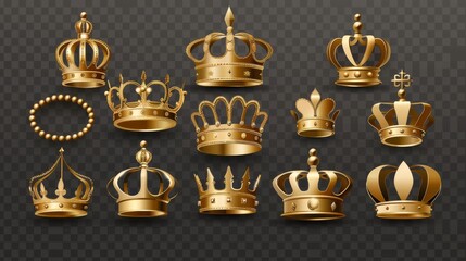 This high-quality modern illustration shows a set of golden crowns isolated on a transparent background. An illustration of a royal symbol, a gold metal necklace with a shiny glossy surface, a