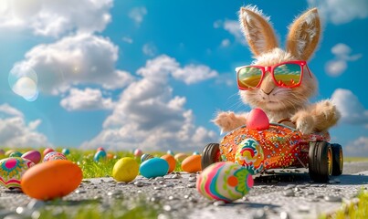 Easter bunny with sunglasses driving on the speedway in an easter egg car.