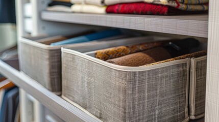 Innovative and inspired shelf organizing bins within a closet, close-up on their unique designs for efficient, elegant storage solutions - obrazy, fototapety, plakaty