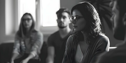 Black and white photo of a psychotherapy group highlighting the importance of social support in therapy. Concept Psychotherapy, Social Support, Group Therapy, Mental Health