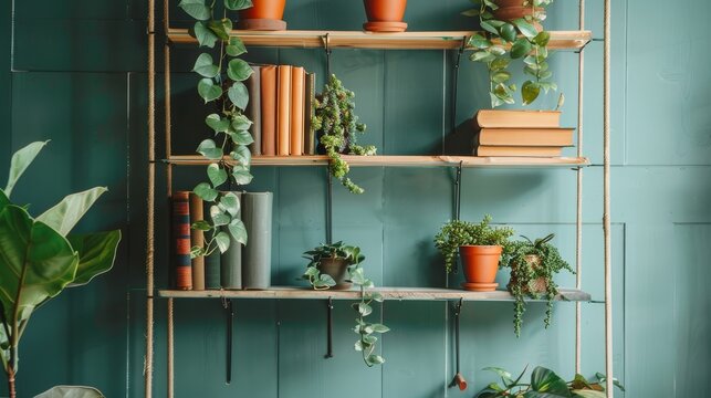 Innovatively designed hanging shelves filled with books and plants, a source of inspiration for modern living room aesthetics